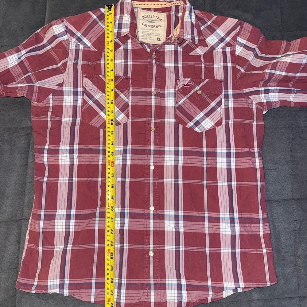 Hollister Red and White Button Up Long Sleeve Plaid Men's Shirt Y2K Size XL - Picture 4 of 9